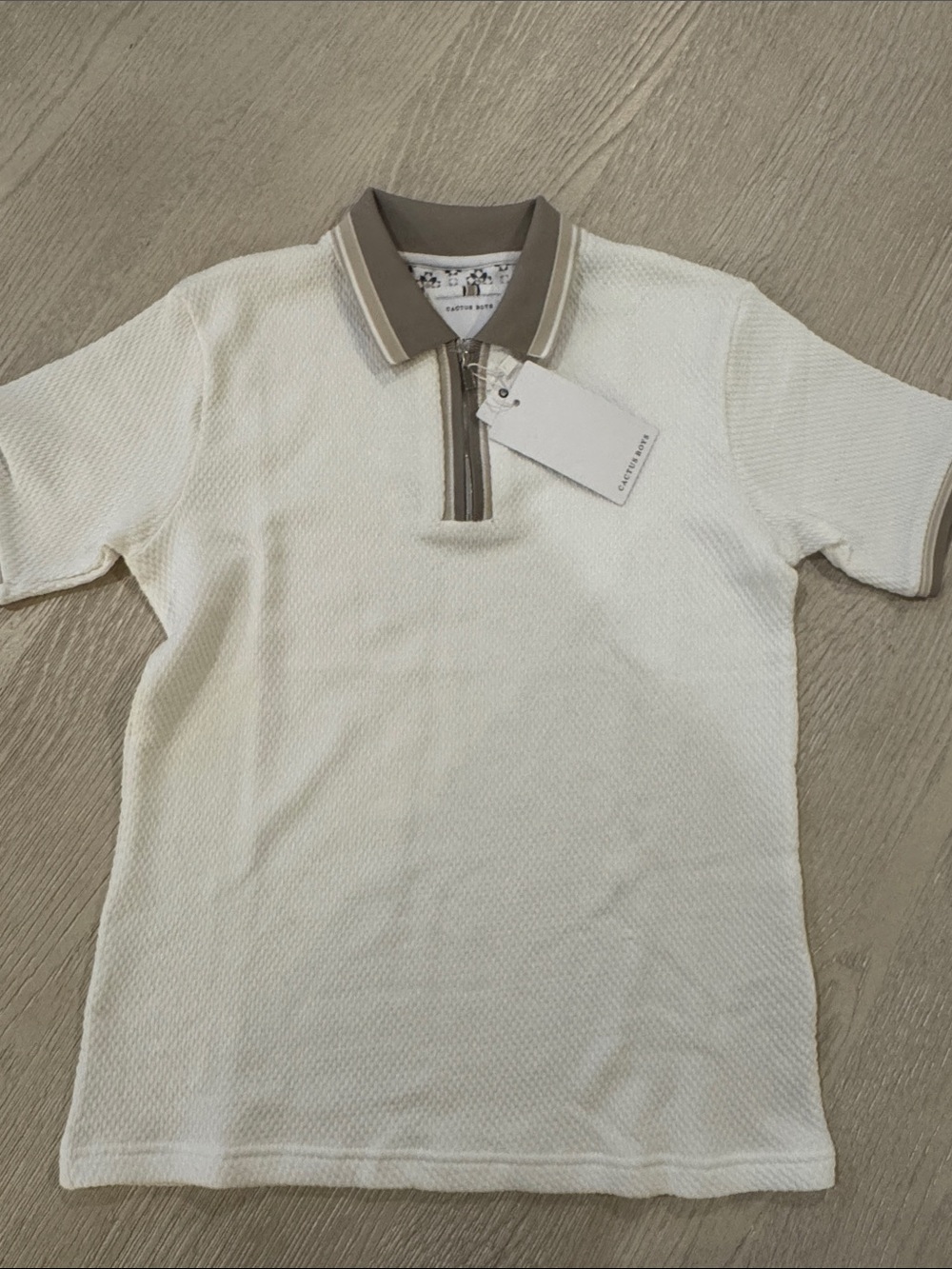 Cactus White Polo with Taupe Contrast Collar
